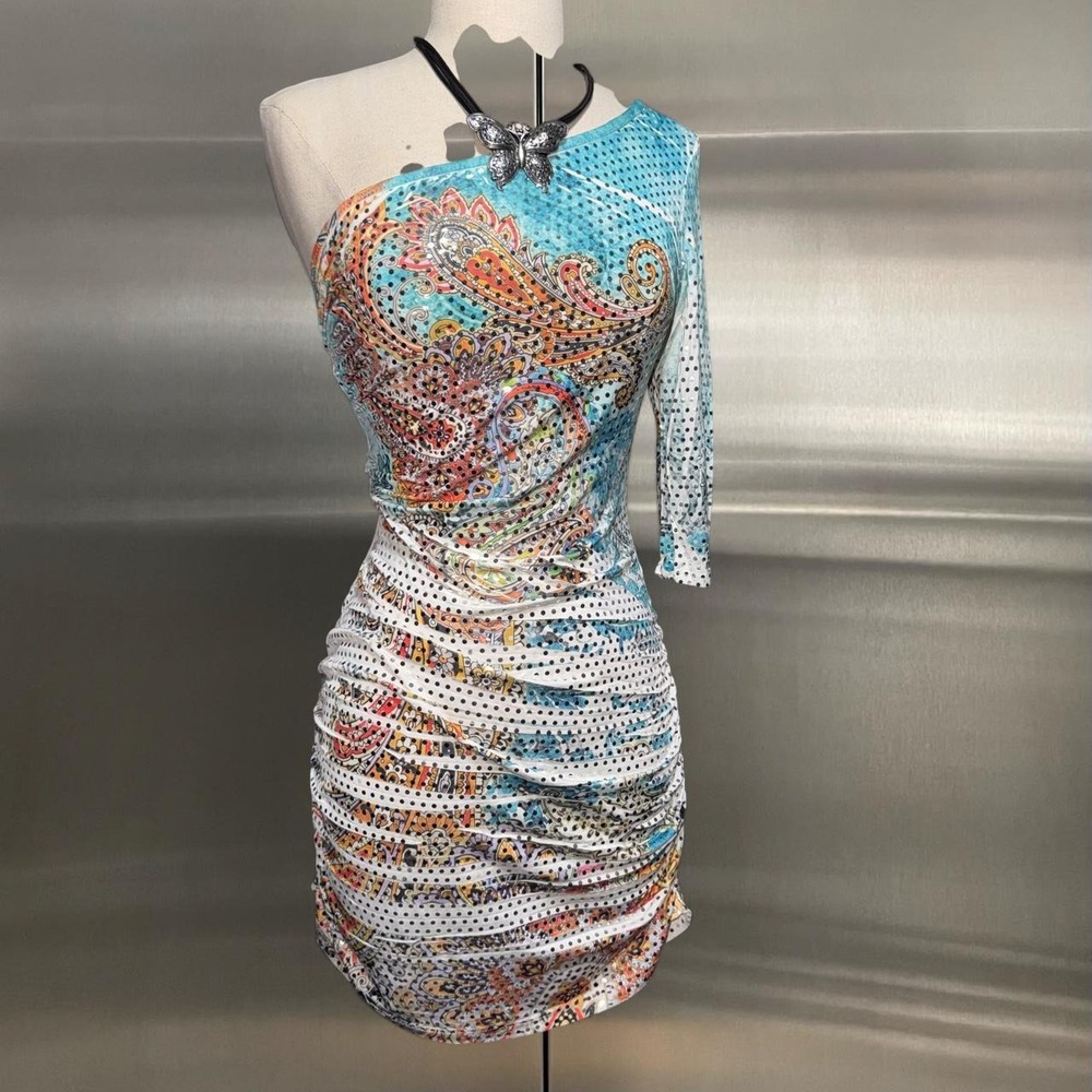 Y2K Blue Paisley One Shoulder Mini Dress